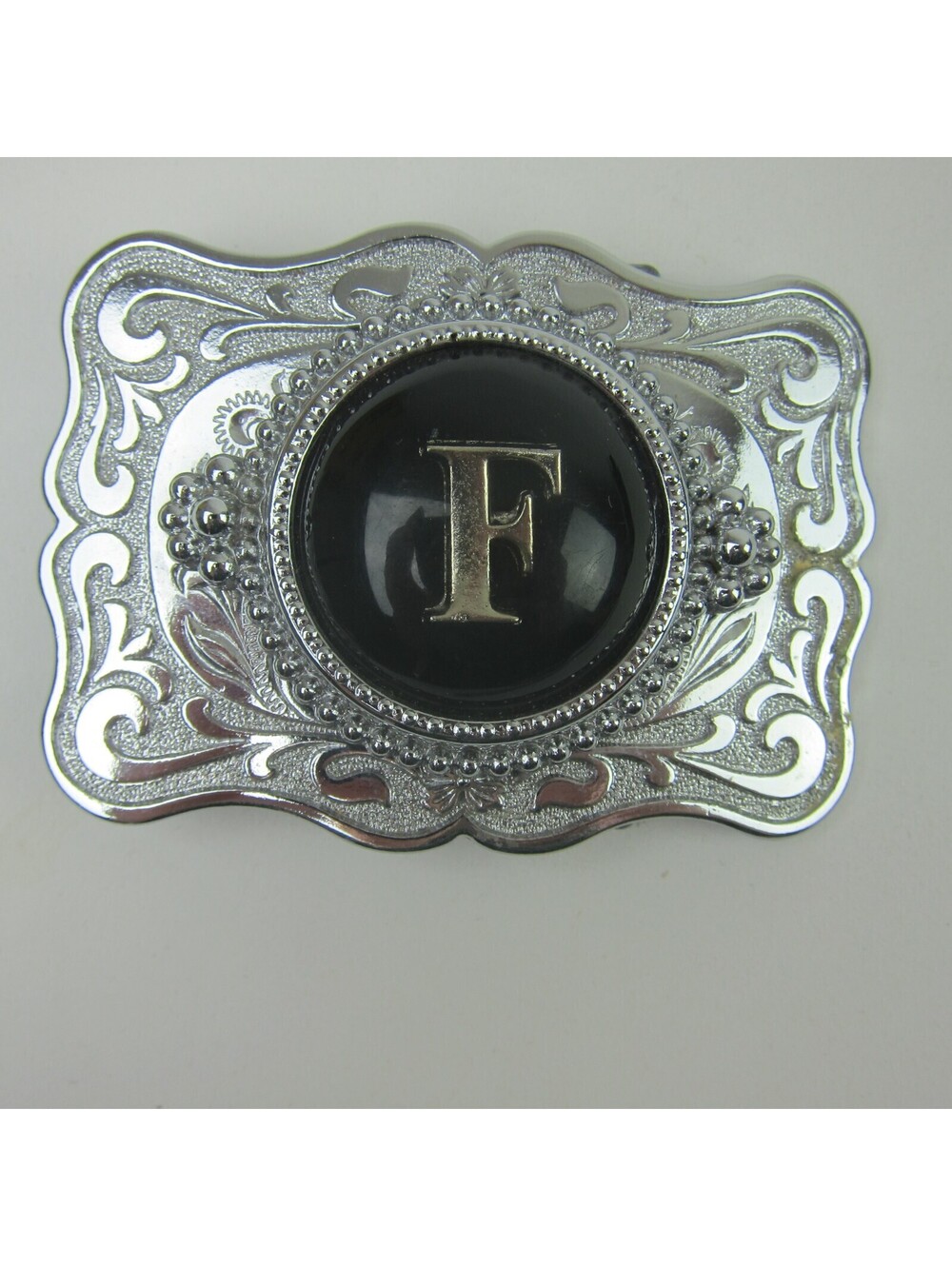 Vintage Belt Buckle Monogram F Silver tone Metal & Black Enamel
